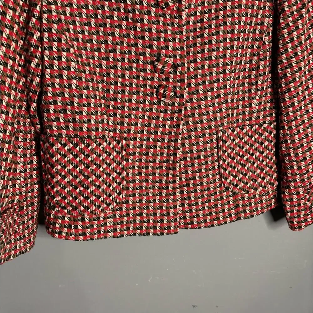 LOFT Red Black Plaid Tweed Button Front Blazer 6
